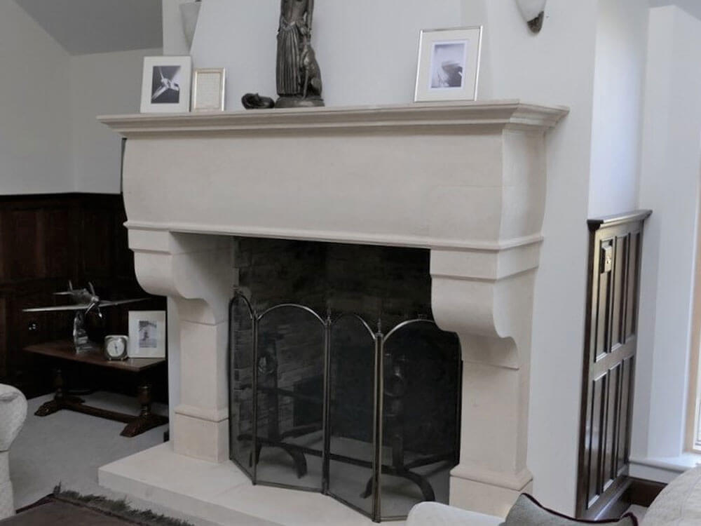 A gas burning fireplace in a new home, Mantel shelf, Limestone Shelf, Sandridge Stone Fireplaces, Limestone, Bath Stone, Portland Limestone, Melksham, Wiltshire