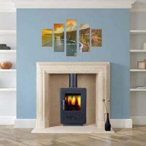Limestone carved fireplace with log burner fire, blue wall, Sandridge Stone Fireplaces, Limestone, Bath Stone, Portland Limestone, Melksham, Wiltshire